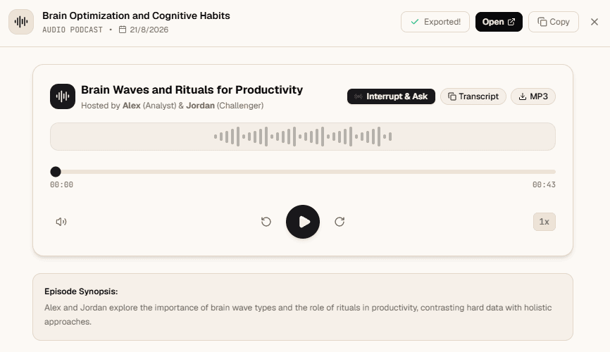 An AI debate podcast episode paused mid-play with an Interrupt and Ask question