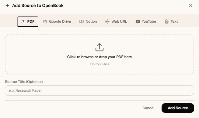 The sources library showing PDFs, web pages, and YouTube videos imported into a notebook